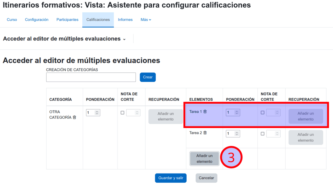 Configuración de cada elemento evaluativo.