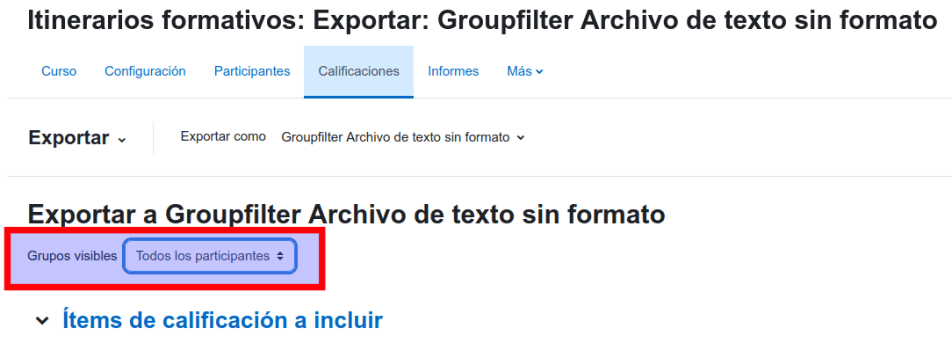 Posibilidad de elegir que grupos del curso exportar sus calificaciones.