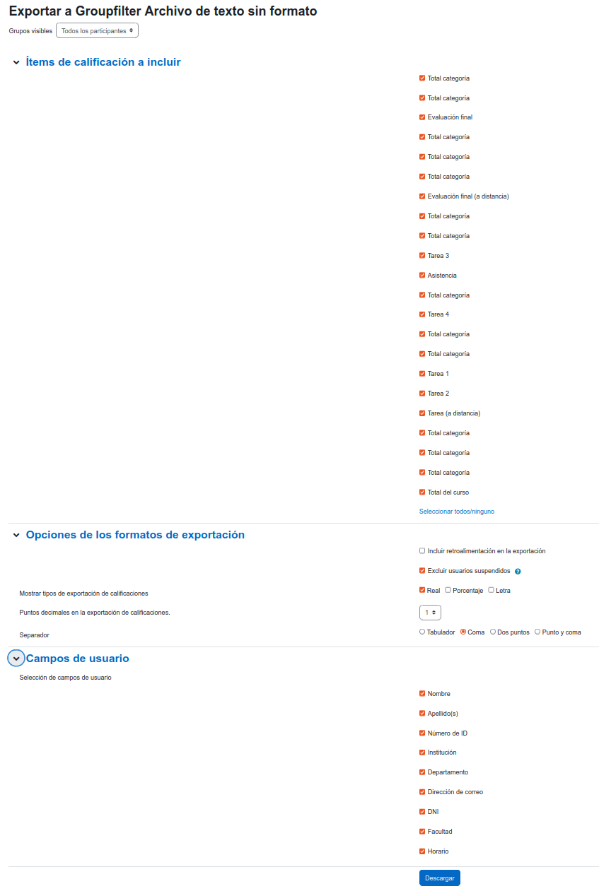 Categorías de campos que un usuario puede elegir