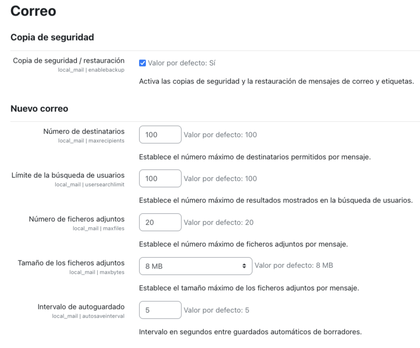 Parámetros de configuración de Local Mail en Moodle